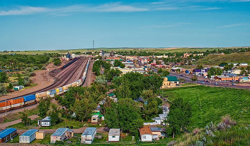 Aerial view of Havre, Montana with a view of the rail line.
