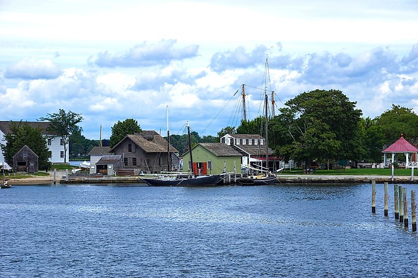 Sail boats along the Thames river, of Old Mystic Seaport, Connecticut