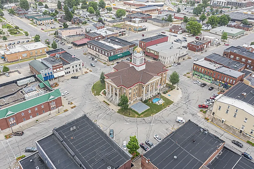 JASPER, US - Jun 24, 2020: An aerial view of the Dubois County Courthouse in Jasper, Indiana