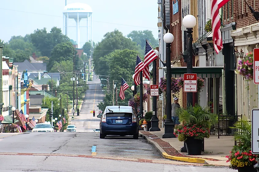 Historic buildings along the downtown streets of Harrodsburg, Kentucky.