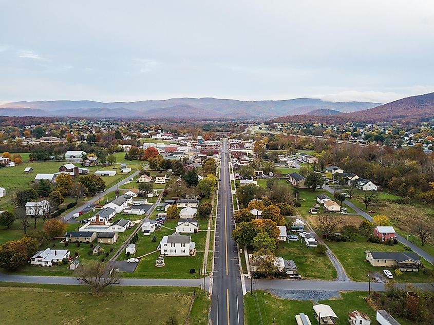 Aerial View of Elkton, Virginia, in the Shenandoah Valley with Distant Mountains.