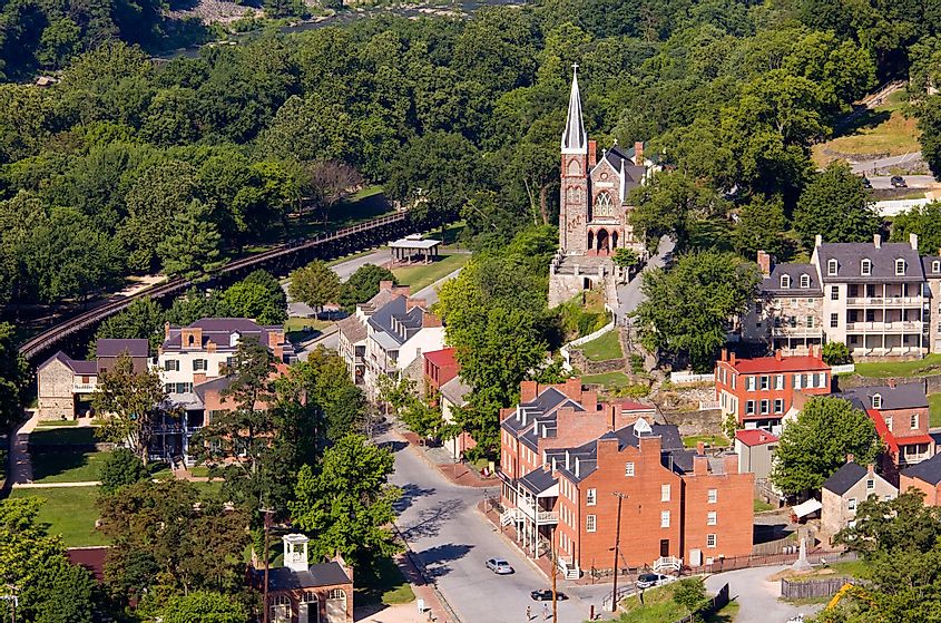 Aerial view over the National Park town of Harpers Ferry in West Virginia