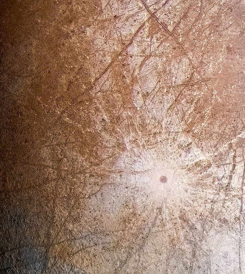 Close-up of Europa's Pwyll Crater. Kevin Gill from Los Angeles, CA, United States, CC BY 2.0 via Wikimedia Commons