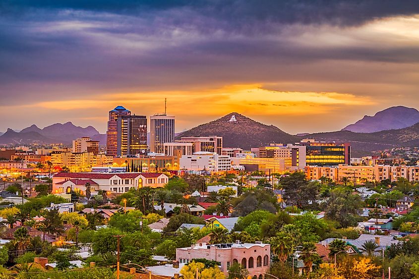 Tucson, Arizona, downtown skyline with Sentinel Peak at dusk