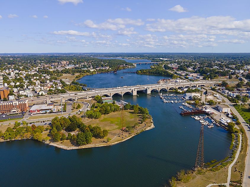 Aerial view of Washington Bridge between City of Providence and East Providence on Seekonk River in Rhode Island 