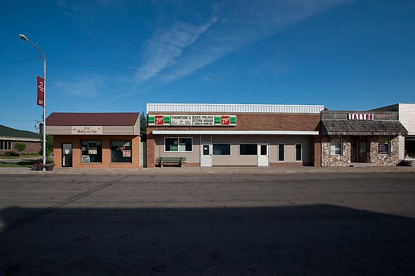 Street view of shops in Walhalla, North Dakota.