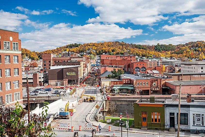 Aerial view of downtown Cumberland, Maryland.