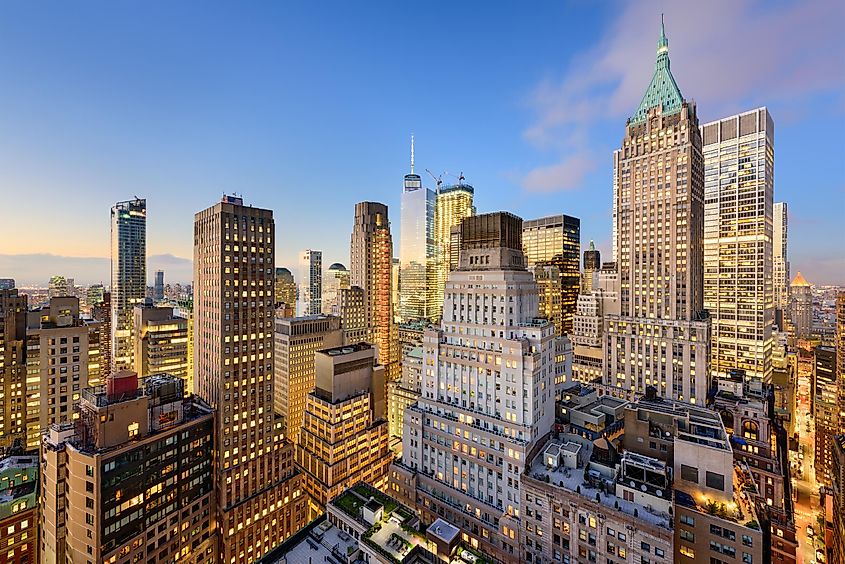 New York City Financial District cityscape at dusk.