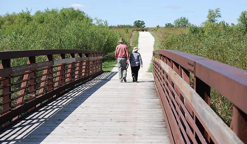 Two people enjoying walking in James Pate Philip State Park, Bartlett, Illinois