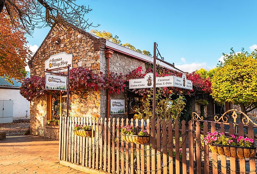 German-style shopfronts on the main street of Hahndorf, South Australia.