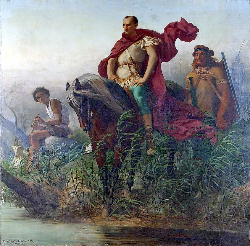 Jules-César arrivé au Rubicon (Gustave Boulanger, Public domain, via Wikimedia Commons).