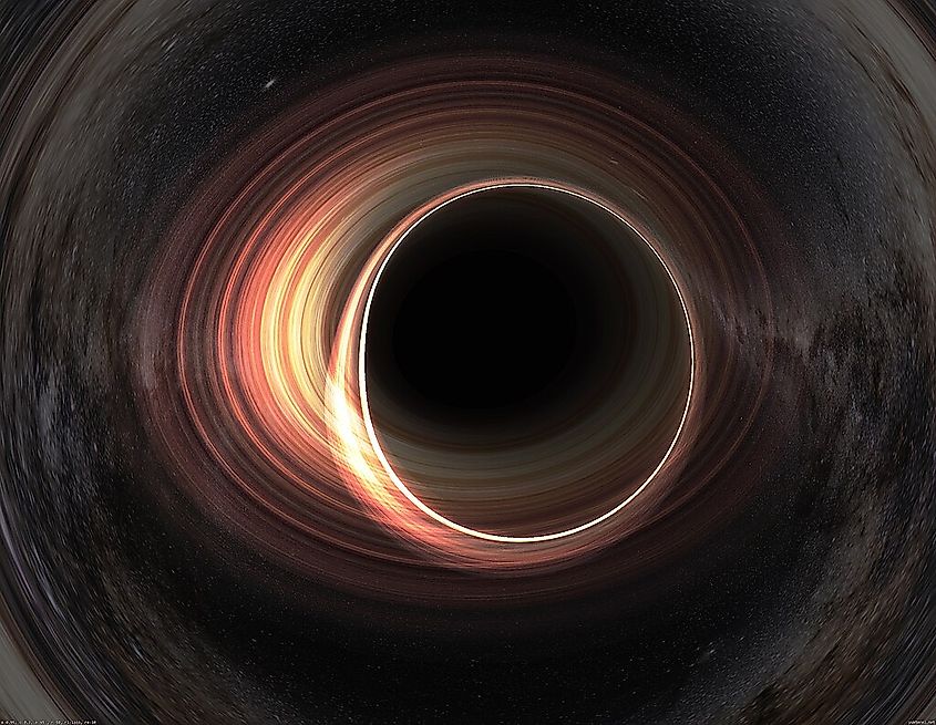 "Arists impression" of a spinning black hole. https://upload.wikimedia.org/wikipedia/commons/e/e9/Spinning_and_chargend_black_hole_with_accretion_disk.jpg https://commons.wikimedia.org/wiki/File:Spinning_and_chargend_black_hole_with_accretion_disk.jpg Yukterez, CC BY-SA 4.0 <https://creativecommons.org/licenses/by-sa/4.0>, via Wikimedia Commons