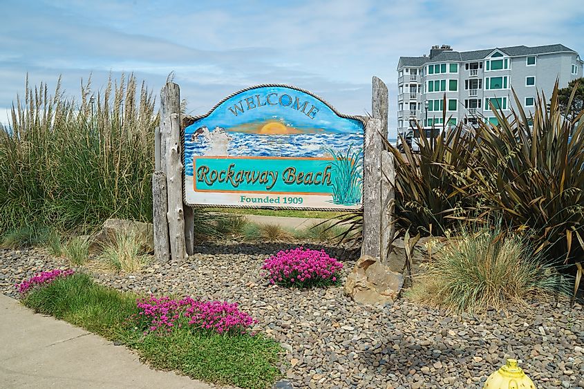 Welcome sign to Rockaway Beach, Oregon.