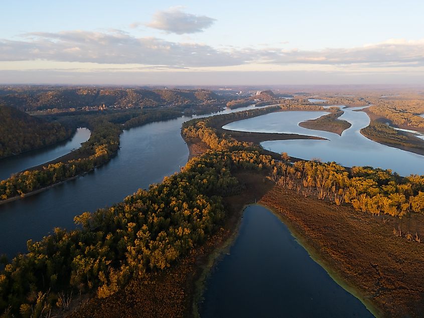 Aerial view of Wisconsin's Driftless Area with rolling hills and valleys in peak autumn colors