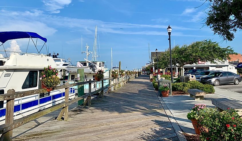 Beautiful summer day on the boardwalk waterfront, Beaufort, North Carolina