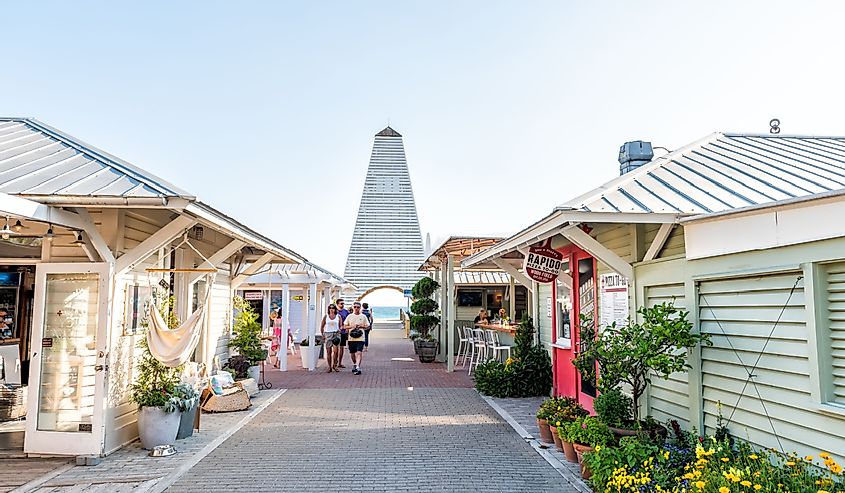 Shopping area of Seaside, Florida on a sunny day with shoppers