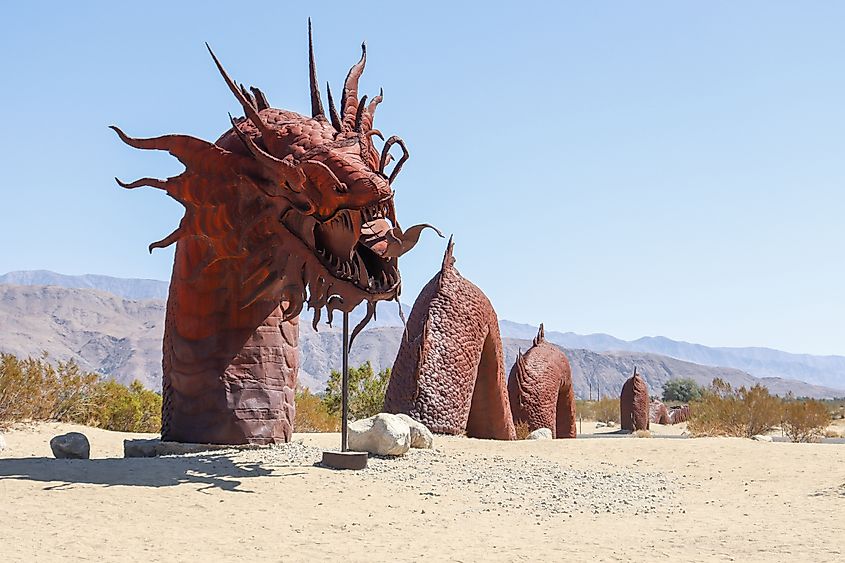 Large dragon snake metal sculpture in Borrego Springs, California