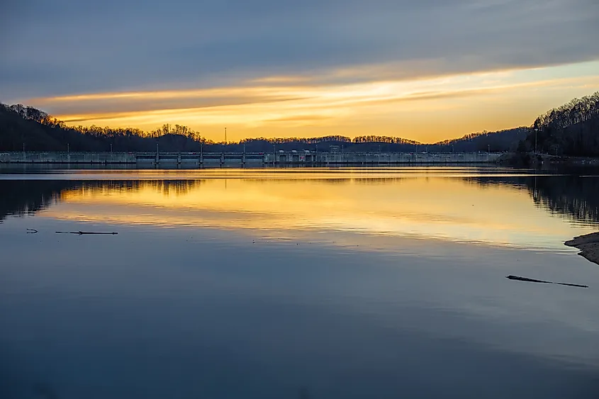 Beautiful sunset at Dale Hollow Dam and Dale Hollow Lake in Celina, Tennessee.