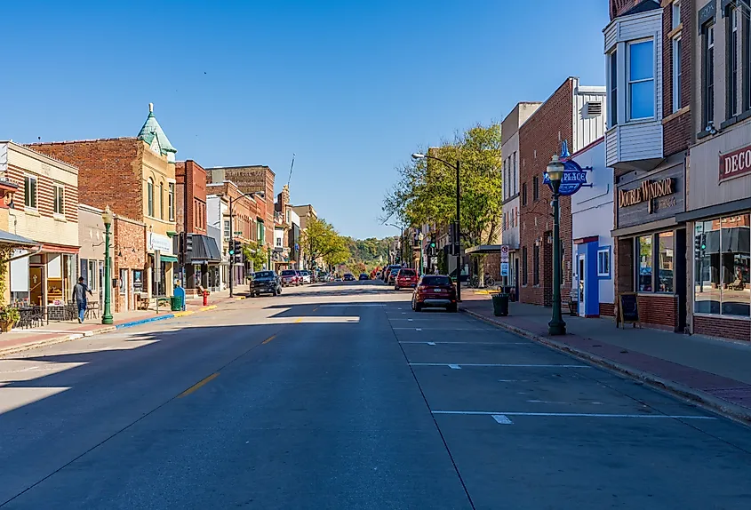 Shops and stores on W Water Street in Decorah, Iowa.