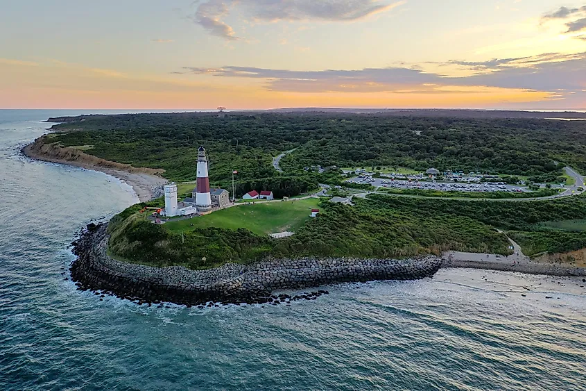 Aerial view over Long Island with Montauk Point Lighthouse