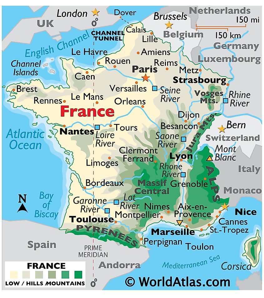 Hartă fizică a Franței care arată terenul, lanțurile muntoase, Mont Blanc, râurile principale, orașele importante, granițele internaționale, etc.