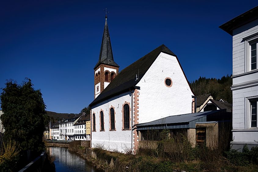 Historic Protestant church in Gemünd, Eifel region, Germany.