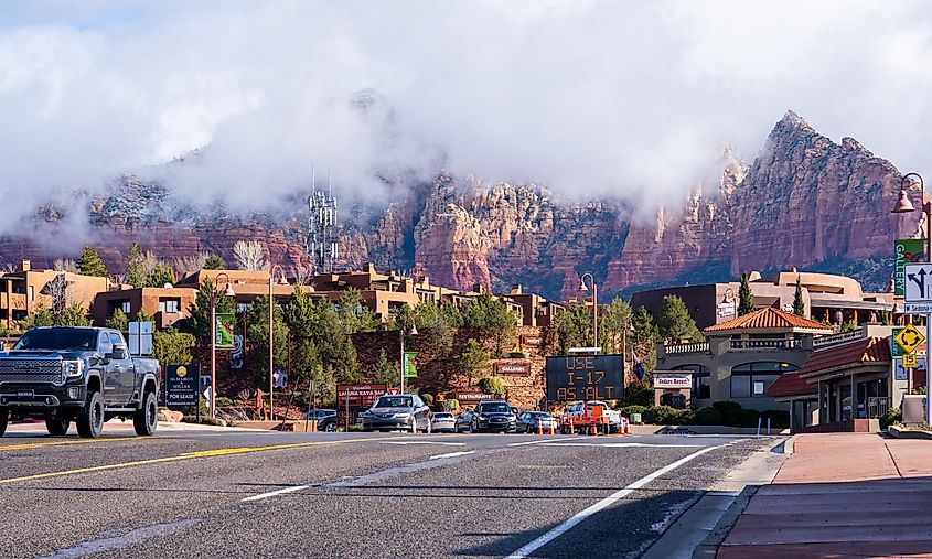 View of downtown Sedona with mountains in the background.