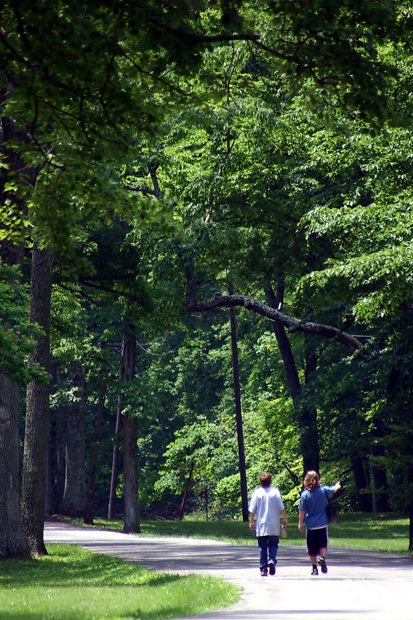 Visitors walking at Fort Ancient Earthworks and Nature Preserve.