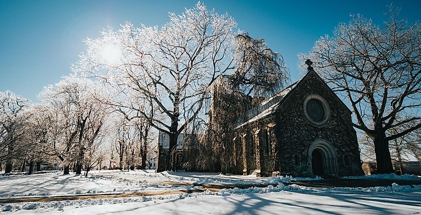 A winter landscape at Clark Chapel in Pomfret, Connecticut.
