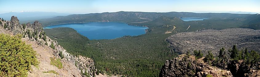 Panorama of Newberry National Volcanic Monument, with obsidian flow on right.