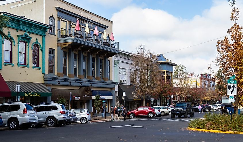 Cars parks on the downtown streets of Ashland, Oregon