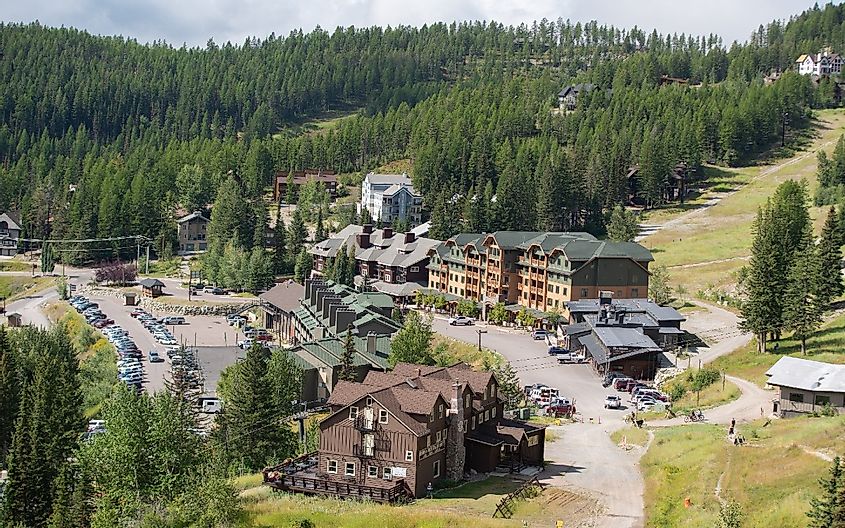 Mountain ski resort, aerial view during a summer day, Whitefish, Montana