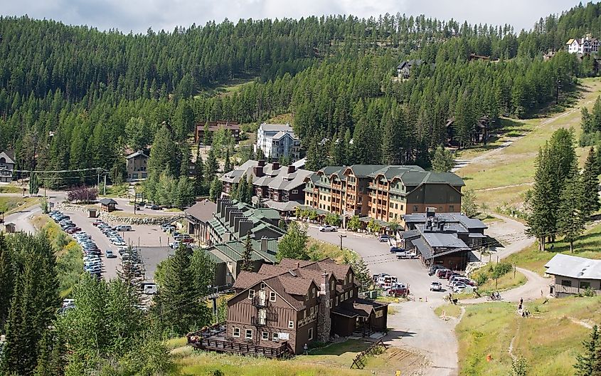 Mountain ski resort, aerial view during summer day, Whitefish, Montana