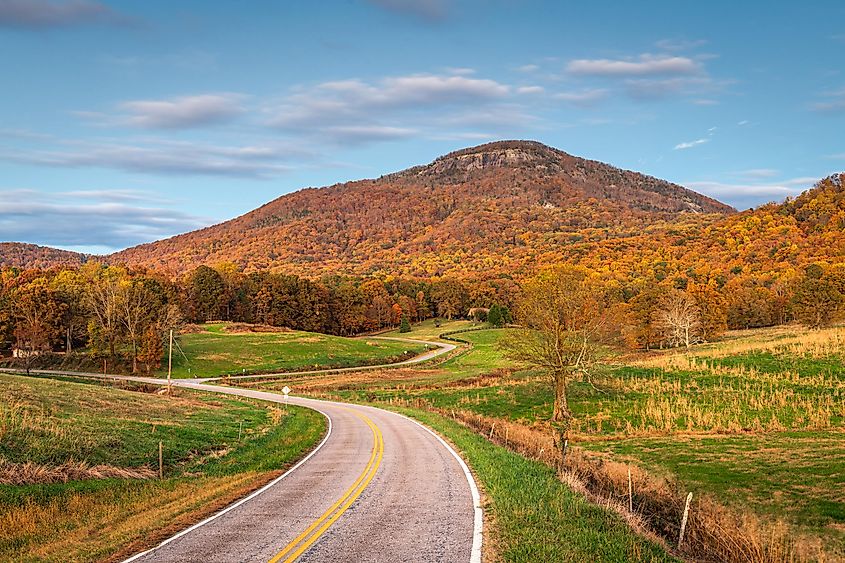 Yonah Mountain, Georgia in the fall with rural roads