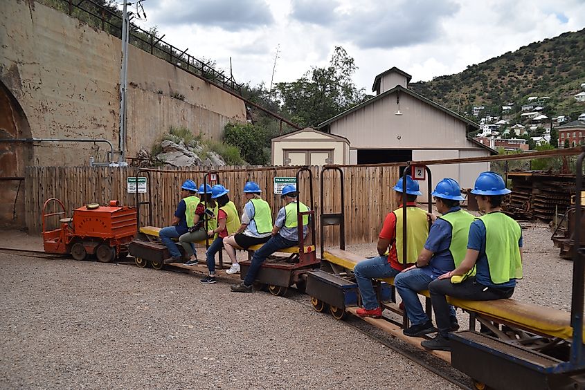 Visitors prepare to enter the Queen Mine Tour in Bisbee, Arizona.