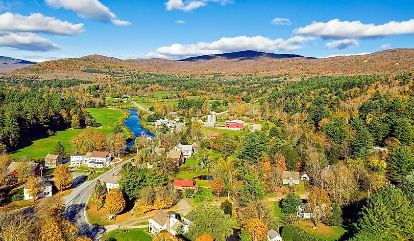 Aerial view of Weston Vermont during the colorful fall season.