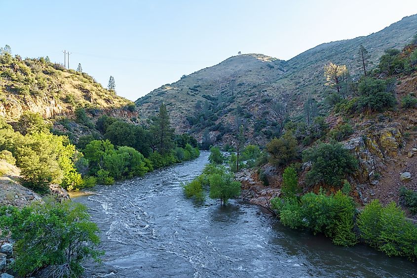 View of Kern River flowing with water and view of mountains, California.