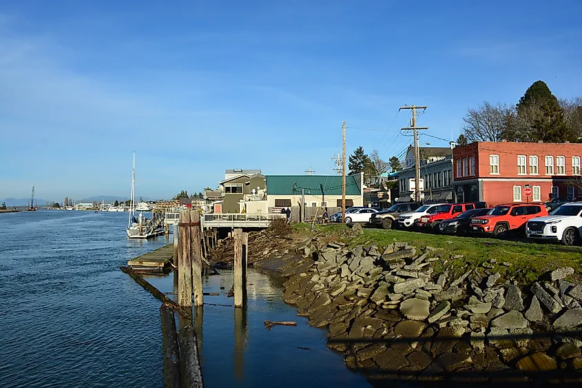 Downtown La Conner, Washington, along 1st Avenue S., the street along the waterfront.