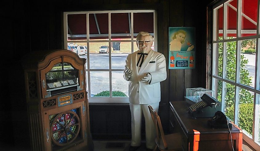 A statue of Harlan Sanders stands inside the Harlan Sanders Café and Museum in North Corbin, Kentucky.