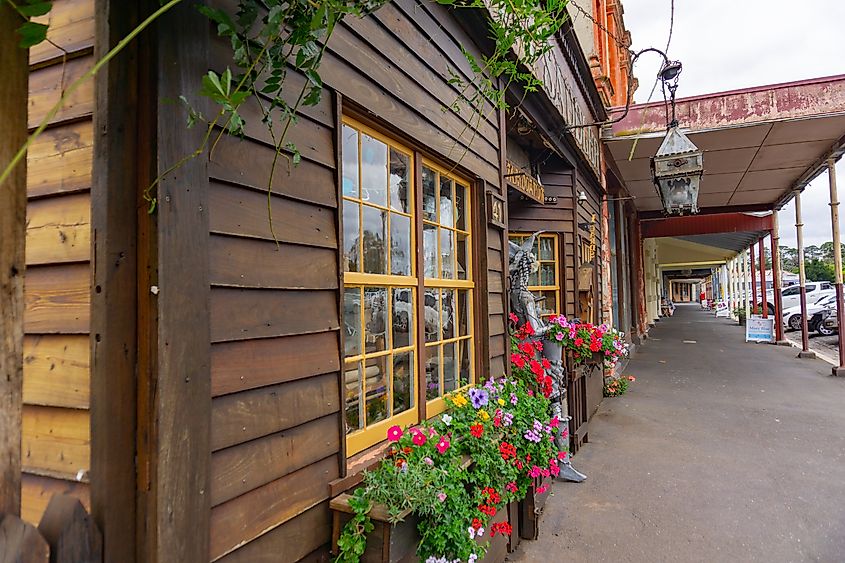 View along one side Fraser Street of old buildings and nobody in historic gold town of Clunes.