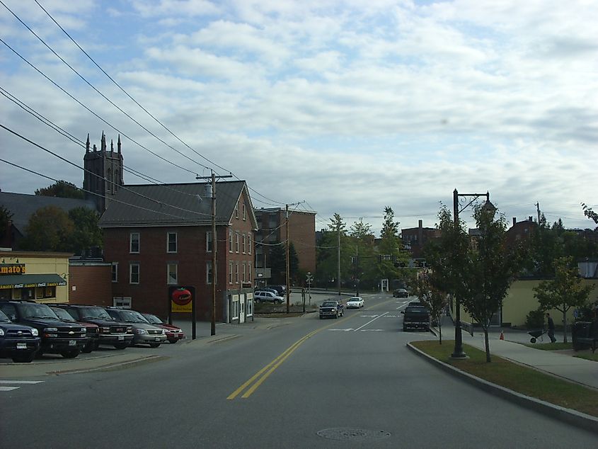 View of a street in the town of Bath, Maine.