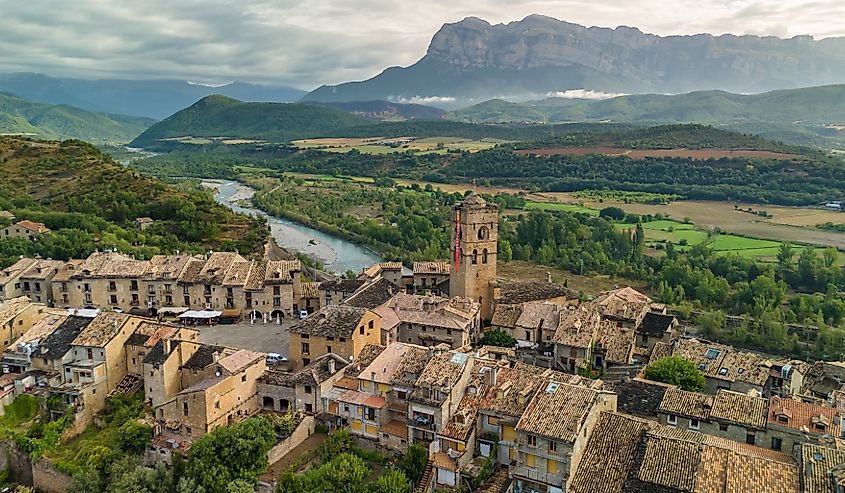 Aerial view of the old town of Ainsa, located at the foot of the Pyrenees mountains in Huesca province, Spain.