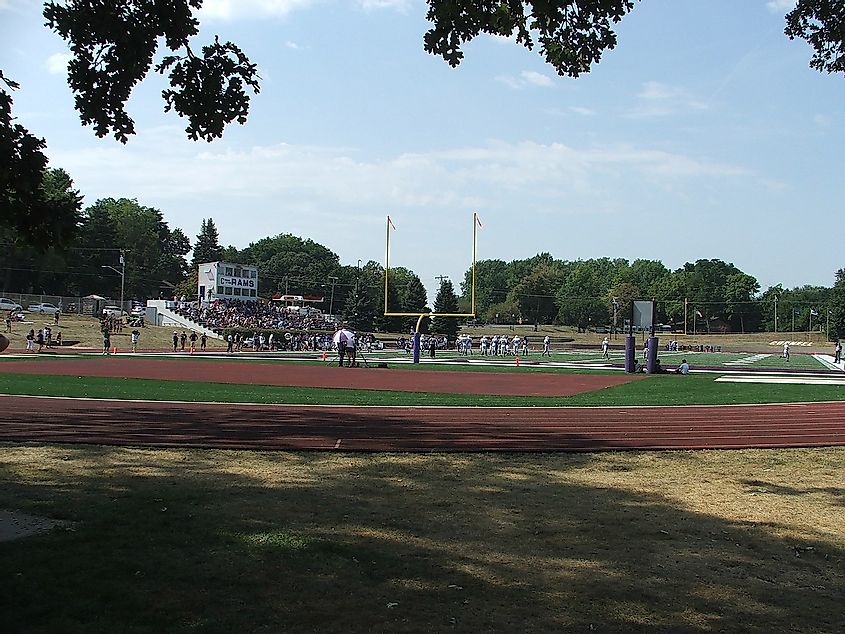 Football game at Ash Park, Cornell College, Mount Vernon, Iowa