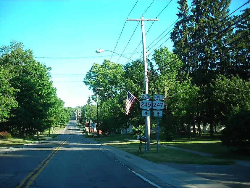 Calm street on a sunny day in Rushville, New York.