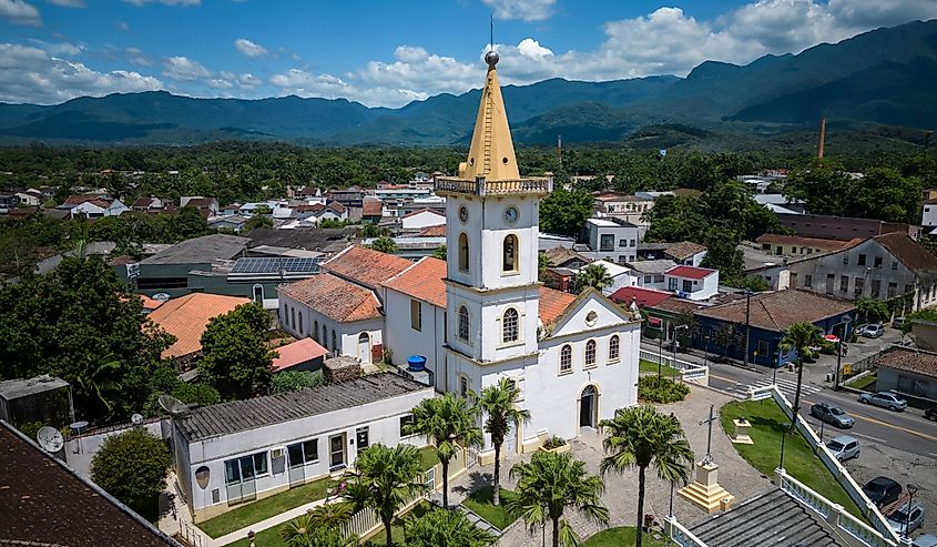 Beautiful aerial view to historic church building in the small city of Morretes.