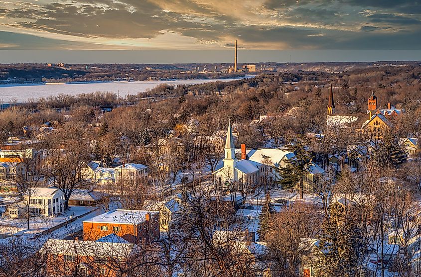 Aerial view of Hudson, Wisconsin during the winter.
