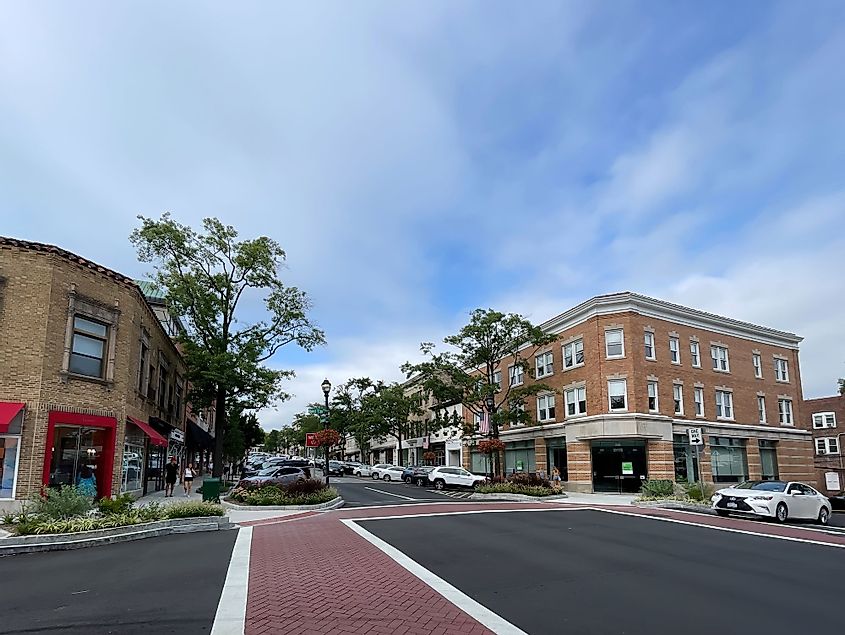 Horizontal view of the posh Greenwich Avenue shopping district in downtown Greenwich, Connecticut
