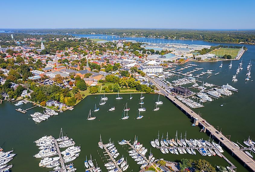 An aerial view of the Maryland harbor with ships and boats in Annapolis, Maryland.