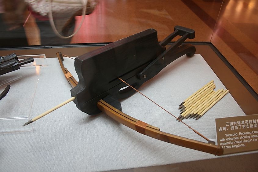 Model of a Warring States period repeating crossbow from a Chu state tomb in Hubei displayed in the Ancient Weapons exhibit at a military museum