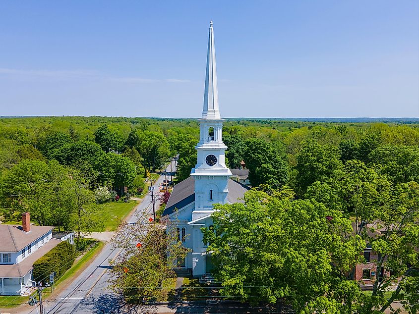 Congregational church and downtown street, Thompson, Connecticut.